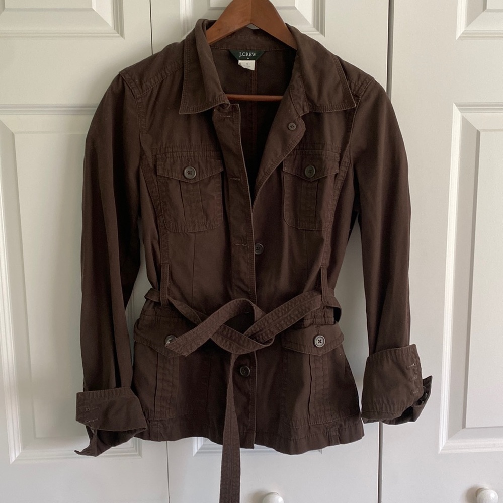 JCrew Dark Brown Military/Utility style belted jacket size medium